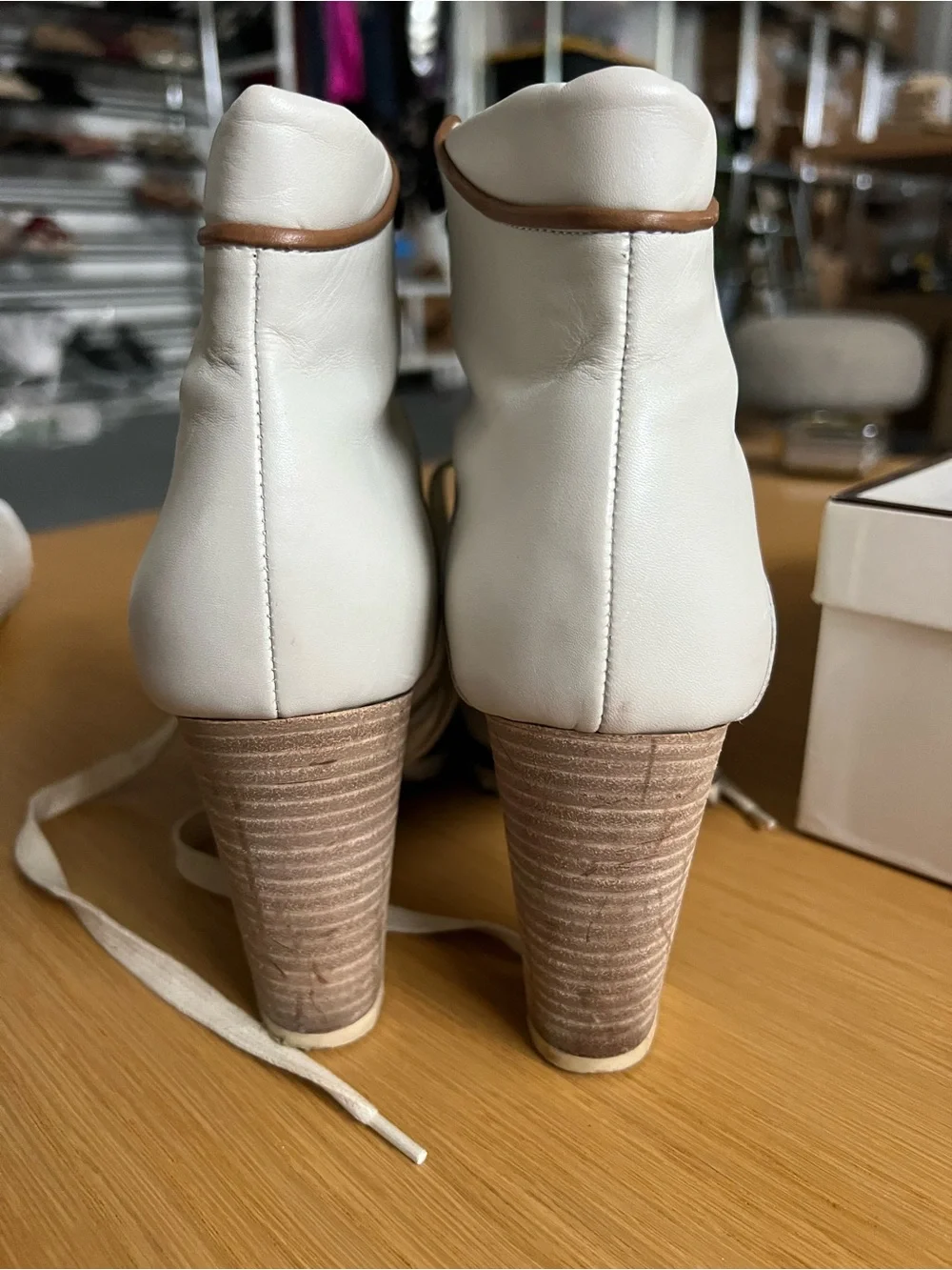 Coach Cream Lace-Up Block Heel Ankle Boots with Tan Trim